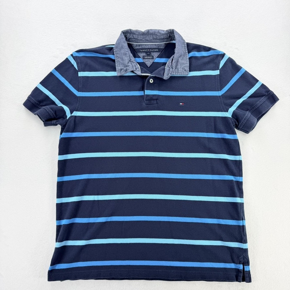 Tommy Hilfiger Polo Shirt Mens Large Navy Blue Stripe Custom Fit Cotton Knit